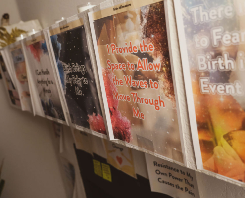 Birth Affirmations hung up in the birthing space.